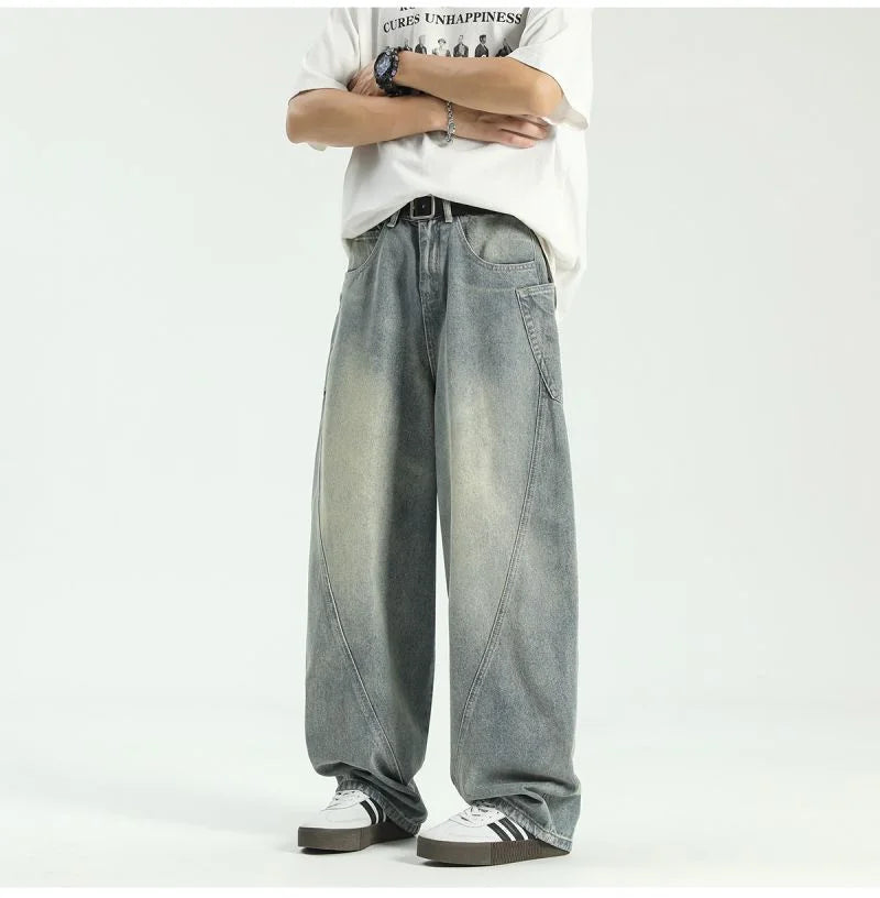 new vintage men s patchwork baggy jeans draped straight leg denim trousers autumn korean fashion high street casual y2k jean unique jeans style 540