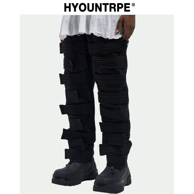 fashion velcros denim jean pants streetwear mens new casual hip hop streetwear tactical straight trousers joggers men y2k pants relaxed fit joggers