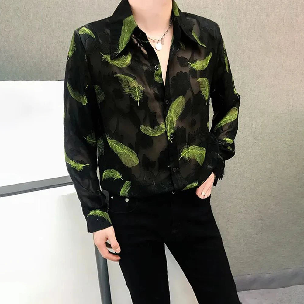 Mens Feather Embroidery Sexy Mesh Perspective Long-Sleeved Shirt Autumn Genderless Fashion Nightclub Hollow Thin Top Unisex