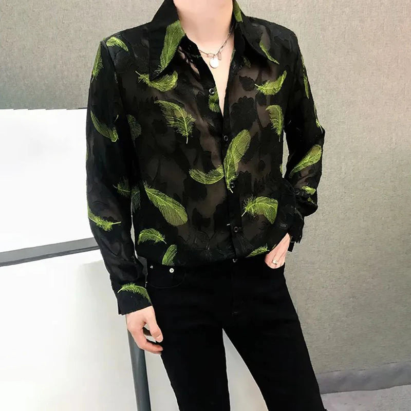 Mens Feather Embroidery Sexy Mesh Perspective Long-Sleeved Shirt Autumn Genderless Fashion Nightclub Hollow Thin Top Unisex
