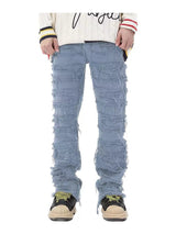 tassel hole spliced european and american straight leg denim pants new popular patch jeans mens wear unique jeans style 184