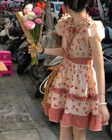 Summer Red Lolita Kawaii Dress Women Bow Sweet Princess Party Mini Dress Female Patchwork Korean Fashion Cherry Cute Dress 2023