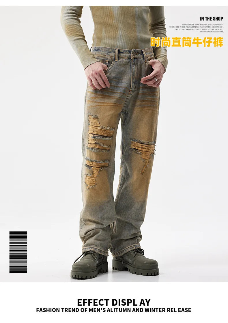 men patch hole distressed plus size denim pant ripped jeans streetwear fashion hip hop vibe loose casual baggy jeans trousers 40 unique jeans style 3173
