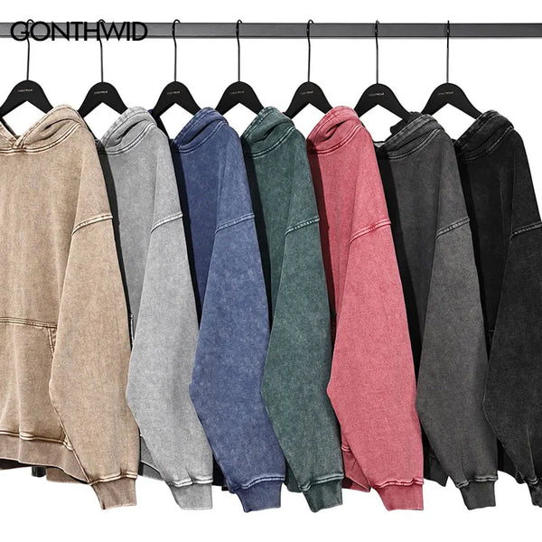 High Street Hoodie Sweatshirt Vintage Hip Hop Cotton Loose Solid Color