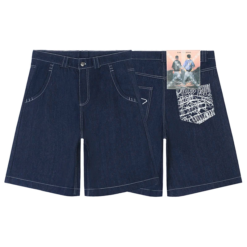 hip hop pockets embroidery letter print jeans shorts for men summer retro oversized wide leg denim knee lenght pants unique jeans style 3631