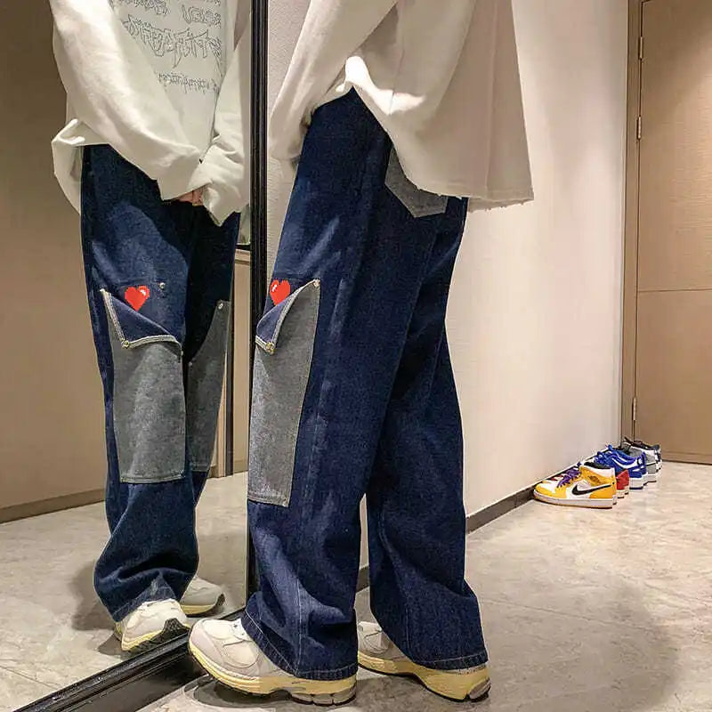 men jeans patchwork multi pocket couple denim pants beggar style cargo pants high street casual male streetwear unique cargo style 2408