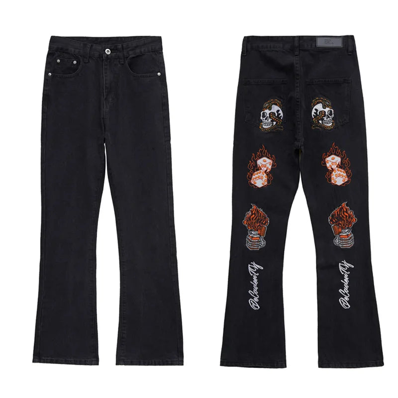 fashion back skull letters embroidery denim flare jeans mens zipper straight trouser hip hop streetwear pants joggers jeans men unique joggers style 632