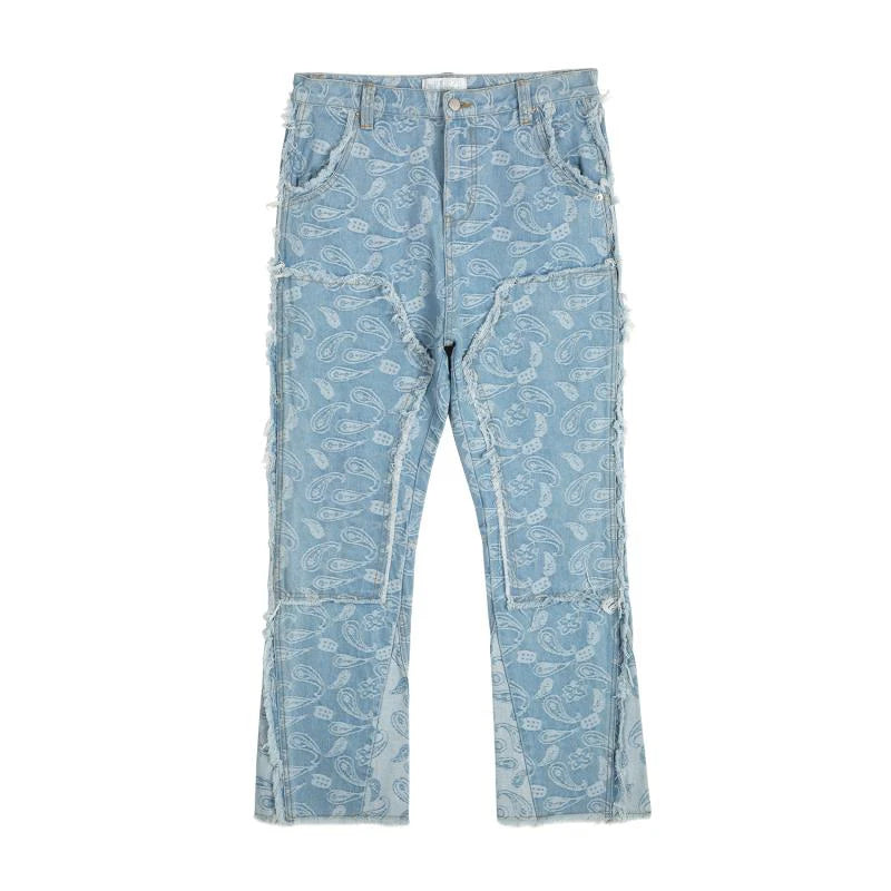 men distressed ripped patchwork paisley denim jean trouser fashion zipper biker jeans streetwear flare pants loose joggers jeans unique joggers style 5037