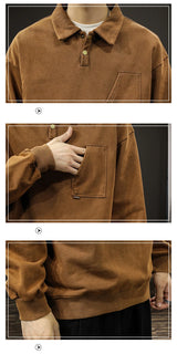 Autumn Y2K Vintage Long Sleeve Sweatshirt Mens Loose Pockets Polo Neck