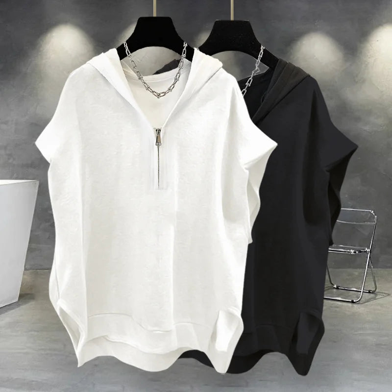 Glitchcore Barcode glitch – Summer Zipper Hooded Sleeveless T Shirt Mens Korean Fashion