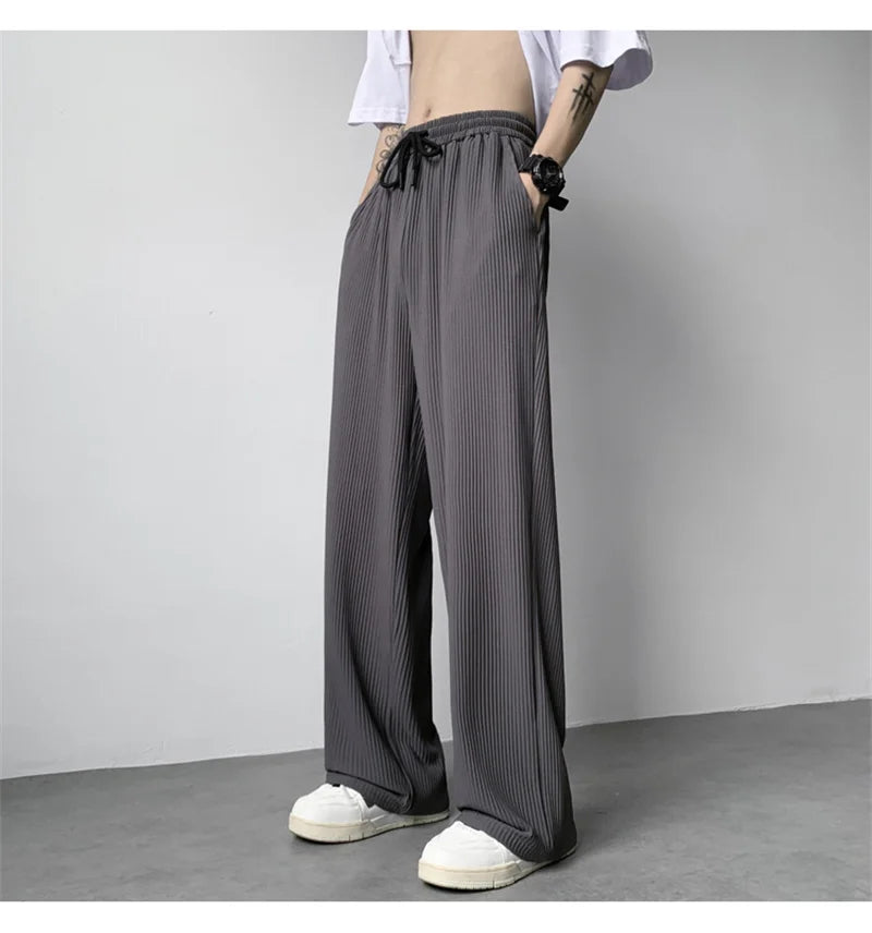 summer texture straight pants for men korean fashion baggy wide leg trousers casual drape pleated striped y2k pantalones hombre unique default style 489