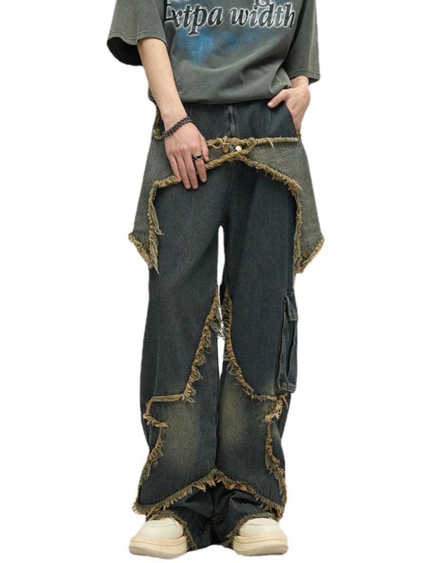 fashion patchwork frayed star denim straight jean pant men casual side pocket y2k trouser unisex hip hop streetwear jeans pants ripped baggy denim