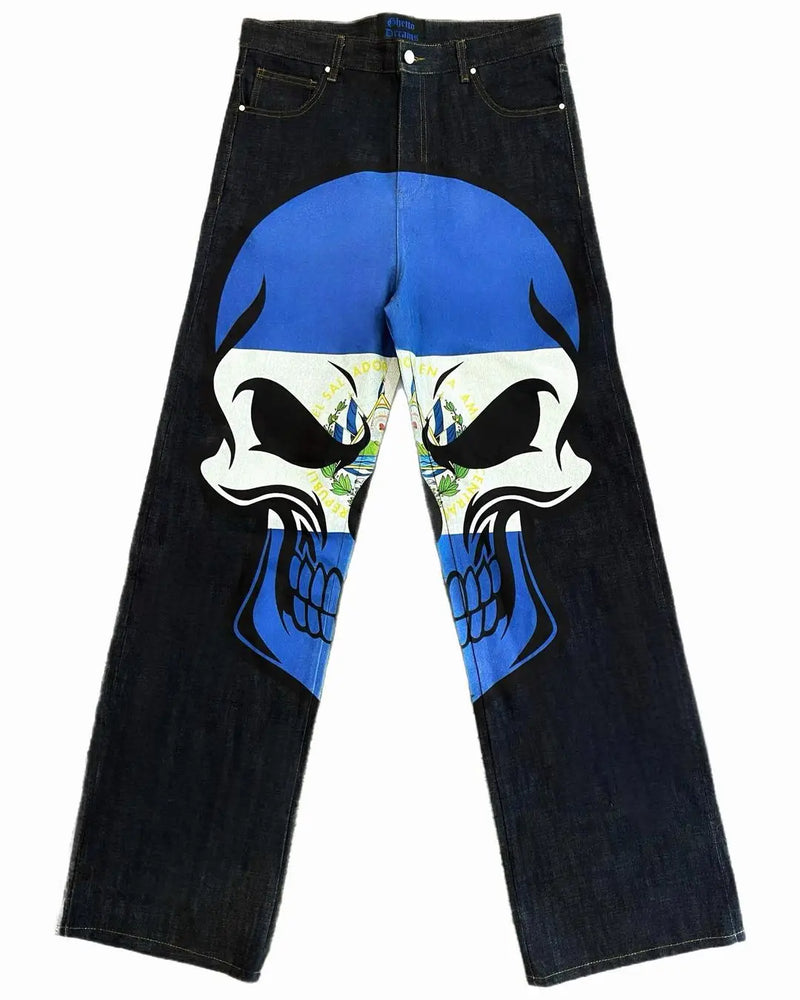 european and american high street high waist washed jeans men y2k cartoon print hip hop rock oversized wide leg pants women unique jeans style 3761