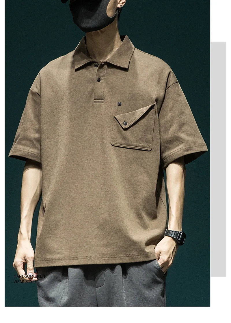 Gothic Angelcore design – Summer New Button Pocket Polo Shirt For Men Casual Short Sle