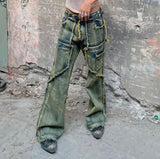 streetwear heavy craft washed distressed faded jeans flare slim straight tassel jeans for men and women raw edge denim pants unique jeans style 657