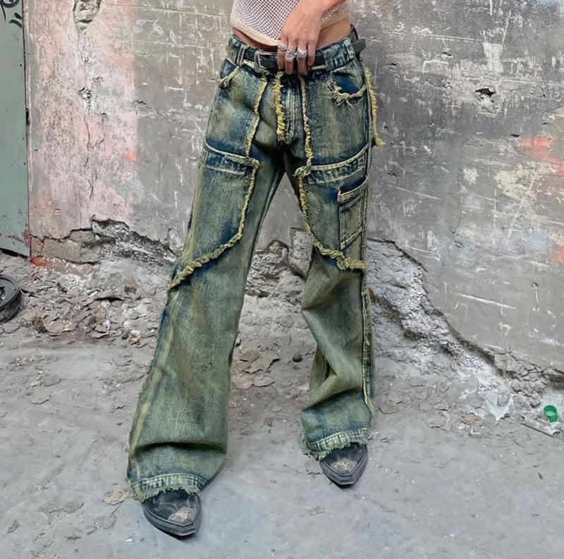 streetwear heavy craft washed distressed faded jeans flare slim straight tassel jeans for men and women raw edge denim pants unique jeans style 657