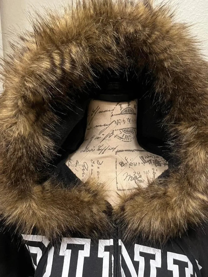 Harajuku Y2K Streetwear Jacket High Street Retro Fur Collar Zipper Hoo