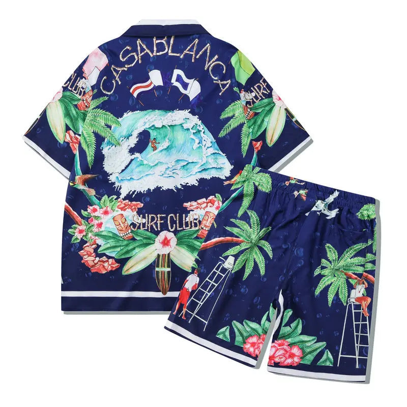 2 Pieces Sets Harajuku Printed Short Sleeves Shirts and Elastic Waist Shorts Joggers Summer Beach Streetwear Hip Hop Mens Sets