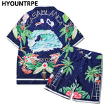 2 Pieces Sets Harajuku Printed Short Sleeves Shirts and Elastic Waist Shorts Joggers Summer Beach Streetwear Hip Hop Mens Sets