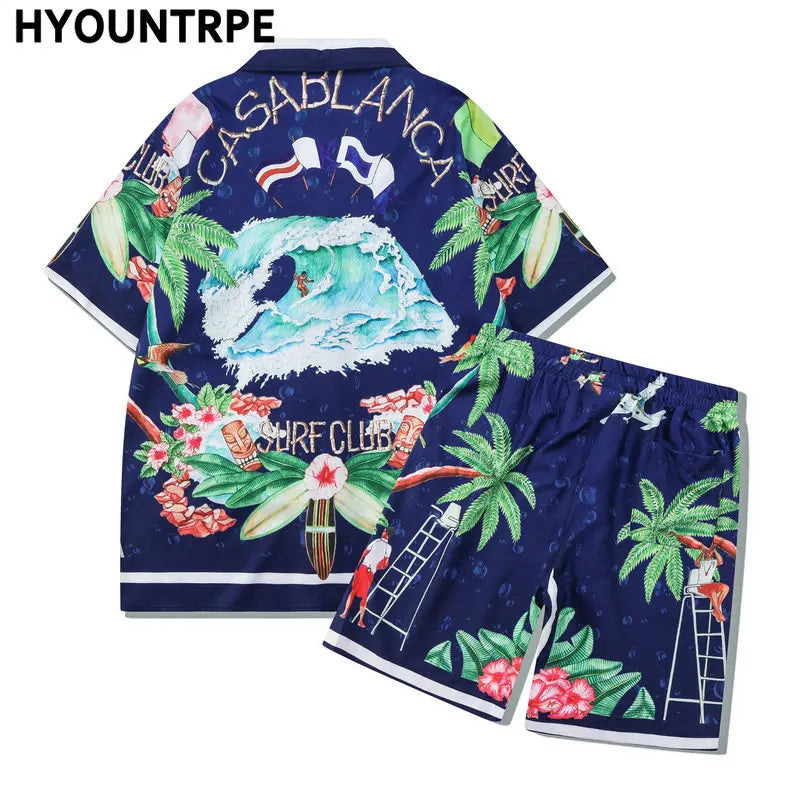 2 Pieces Sets Harajuku Printed Short Sleeves Shirts and Elastic Waist Shorts Joggers Summer Beach Streetwear Hip Hop Mens Sets