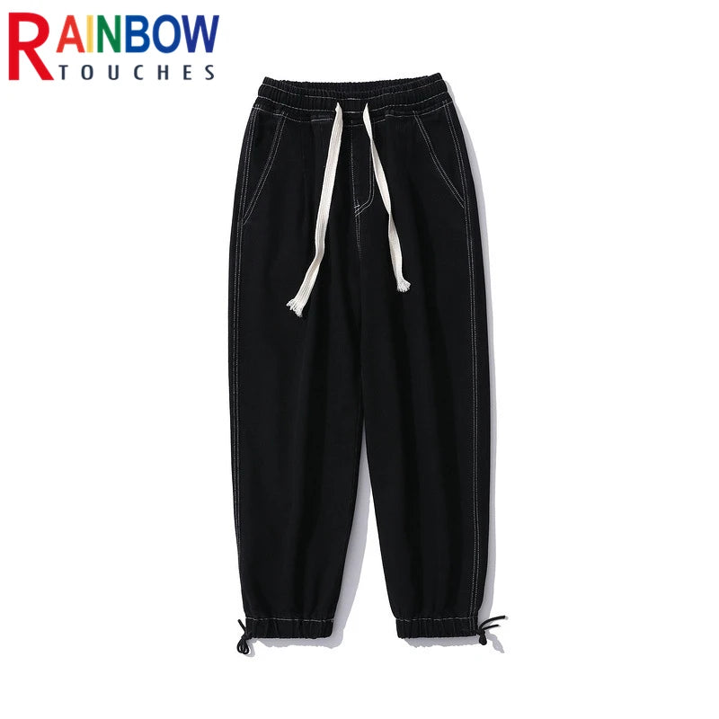 rainbowtouches men jeans fashion classic brand men wide legs elastic concise jeans casual trousers retro style boy loose pants ripped baggy denim