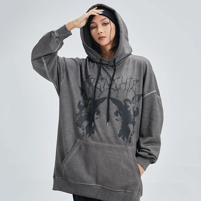 Hip Hop Streetwear Hoodie Sweatshirt Men Dark Style Angel Print Pullov