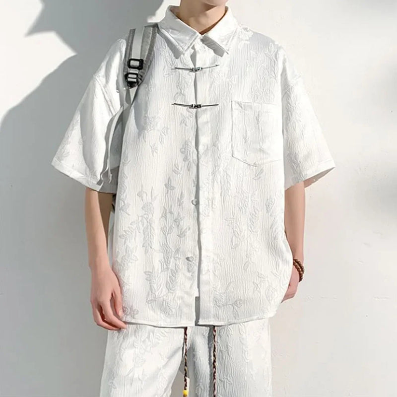 Mens Chinese Loop Buckle Jacquard Design Shirt Daily Casual Personality Versatile Loose Short-sleeve Tops Unisex 2024 Summer
