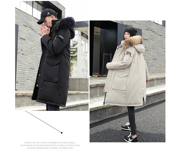 Korean Style Winter Long Parka Coat Men Woman Down Jacket Clothing Hooded Fur Collar Thicken Warm Leisure Lovers Overcoat