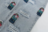 retro patch embroidered pleated jean for men street wear washed destroyed straight patchwork ripped jeans pants baggy hip hop unique jeans style 1070