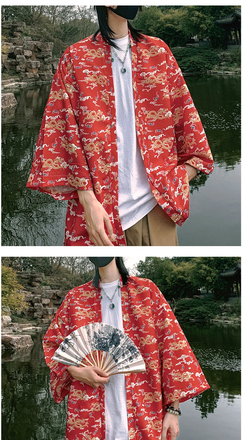 Japanese Style Men's Lightweight Kimono Jacket Dragon Print Kimono Cardigan New Arrival Street Shirt Harajuku Kimono Couple Tops