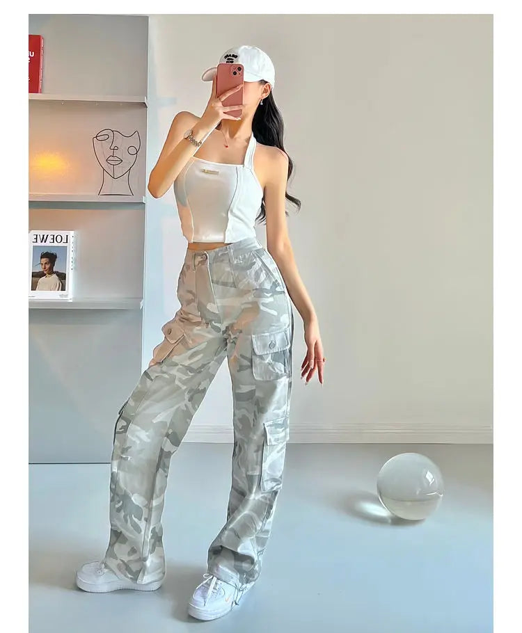 camouflage grey cargo pants women american vintage streetwear straight loose summer hiphop hot pants ins cargo pants womens 2023 unique cargo style 1172
