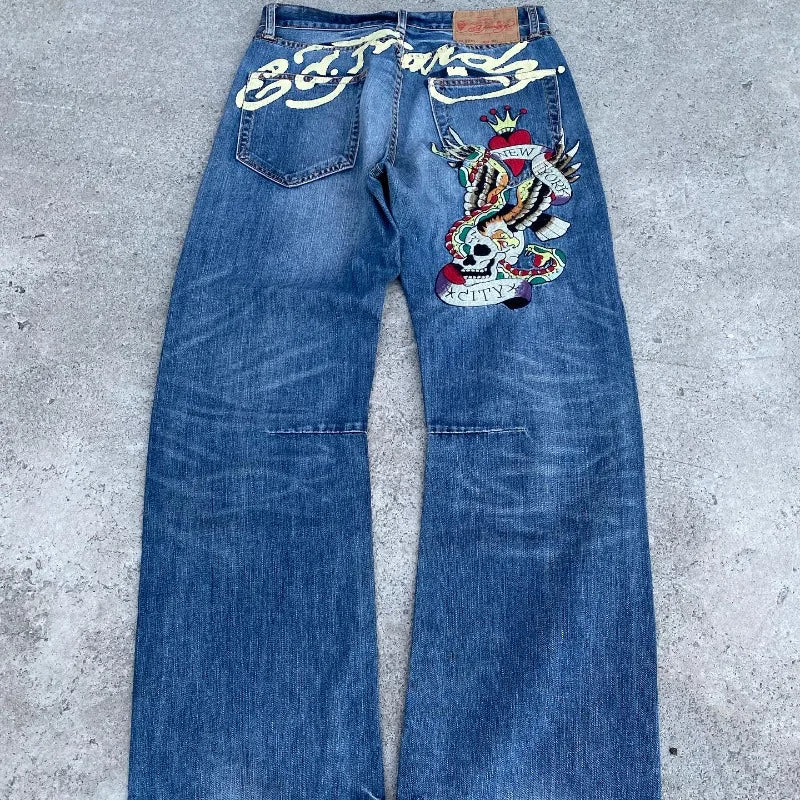 gothic hip hop skull embroidery jeans for men casual y2k high waist wide leg baggy jeans retro straight denim pants streetwear unique jeans style 861