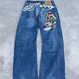 gothic hip hop skull embroidery jeans for men casual y2k high waist wide leg baggy jeans retro straight denim pants streetwear unique jeans style 861