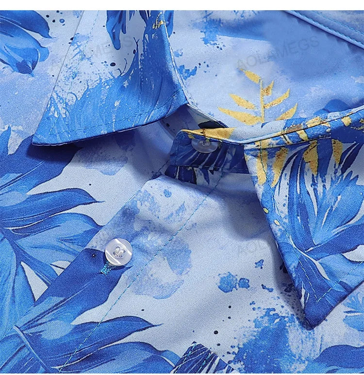 Men Shirts Hawaiian Vacation Loose Shirts Summer Refreshing Turn Down Collar Leaf Print Half Sleeve Shirt Versatile Daily Tops