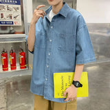 American summer thin denim shirt for men and women loose fit hip-hop short sleeved retro personality casual street top harajuku