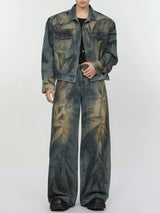 2 pieces sets mens fashion dirty graffiti wide shouder denim jeans jacket coat and wide legs pants joggers new streetwear sets relaxed fit joggers