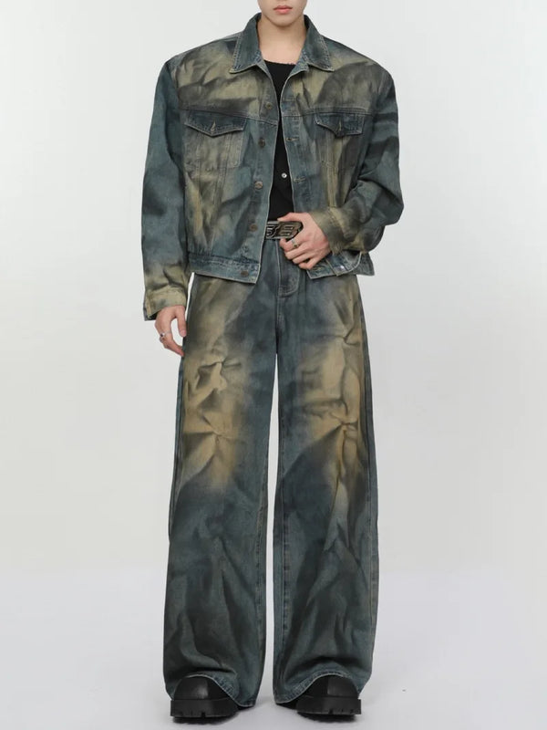 2 pieces sets mens fashion dirty graffiti wide shouder denim jeans jacket coat and wide legs pants joggers new streetwear sets relaxed fit joggers