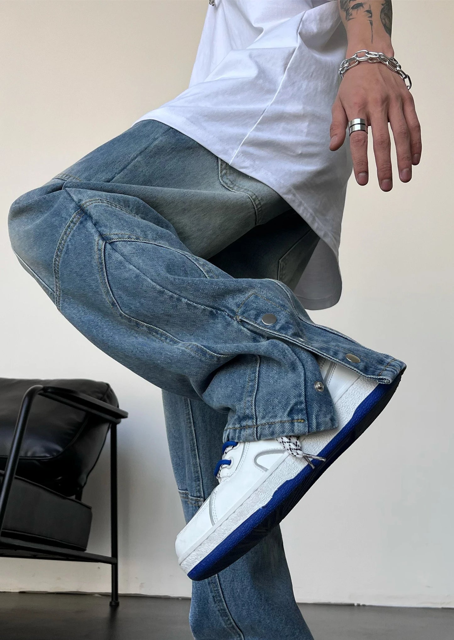 fashion straight denim jean pants unisex casual bottom button open pants high street cargo trousers hip hop zipper joggers men unique joggers style 3241