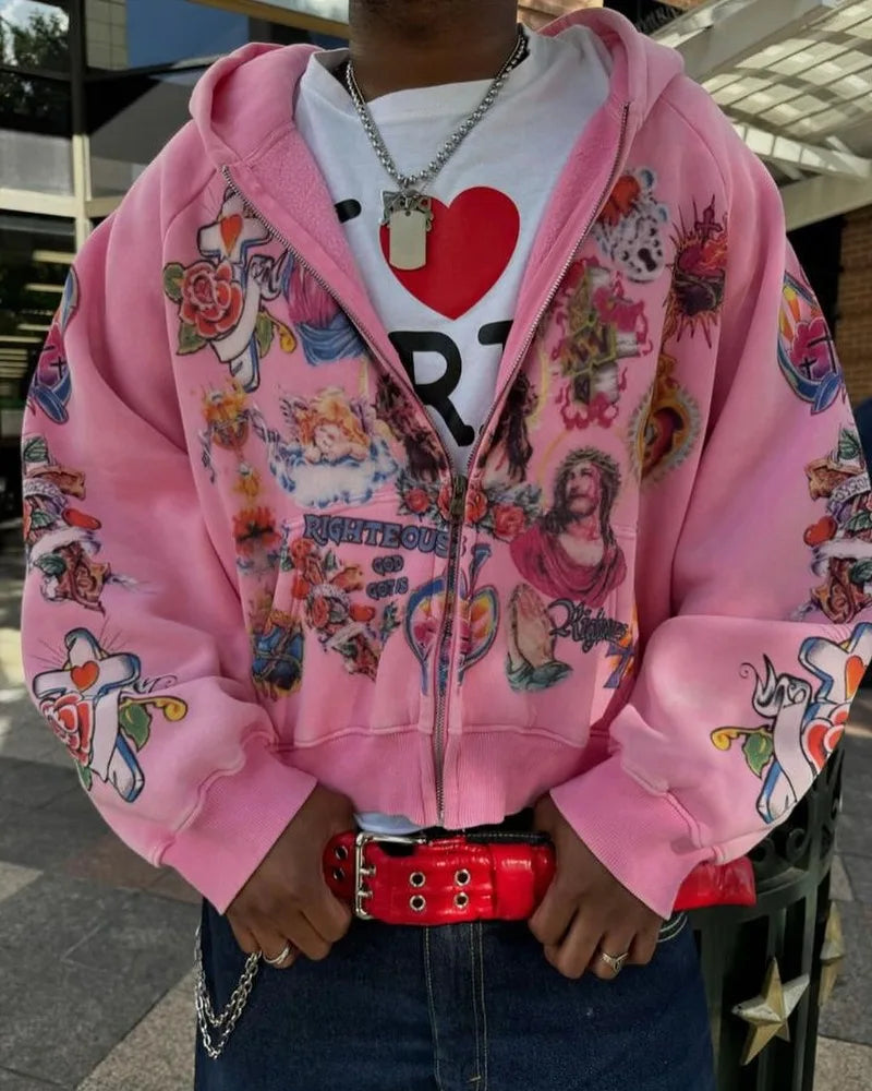 American Street Goth Harajuku Cartoon Print Oversized Sweatshirt Men Y