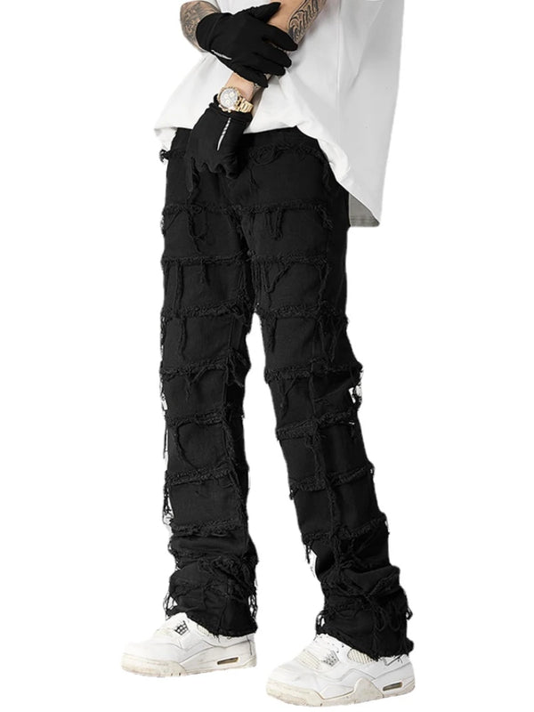 destroyed ripped pieced patchwork denim jean pants casual straight biker trousers mens fashion y2k hip hop streetwear joggers urban active pants