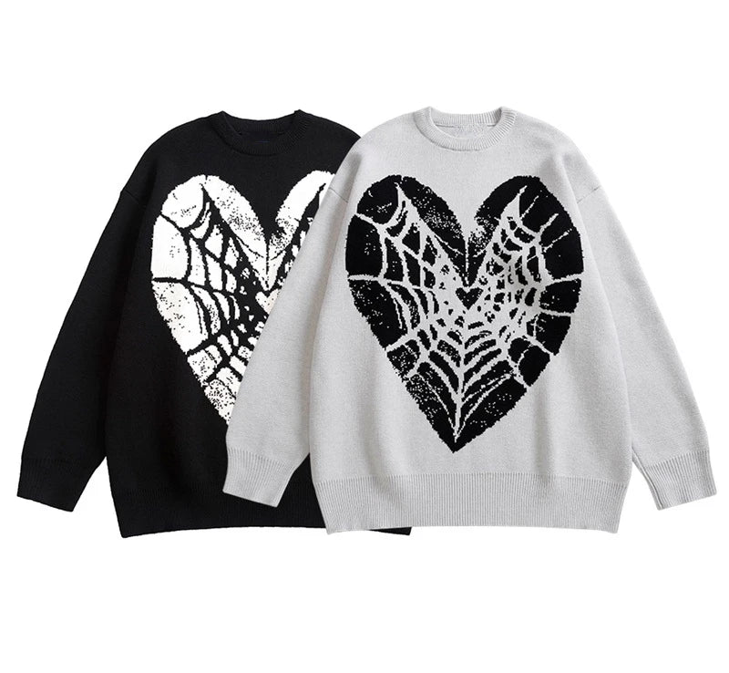 hip hop knitted sweater men winter o neck anime spider web pattern pullover streetwear casual loose sweater warm jumper knitwear - vintage look oversized hoodie, graphic printed hoodie for men and women, unisex casual winter pullover