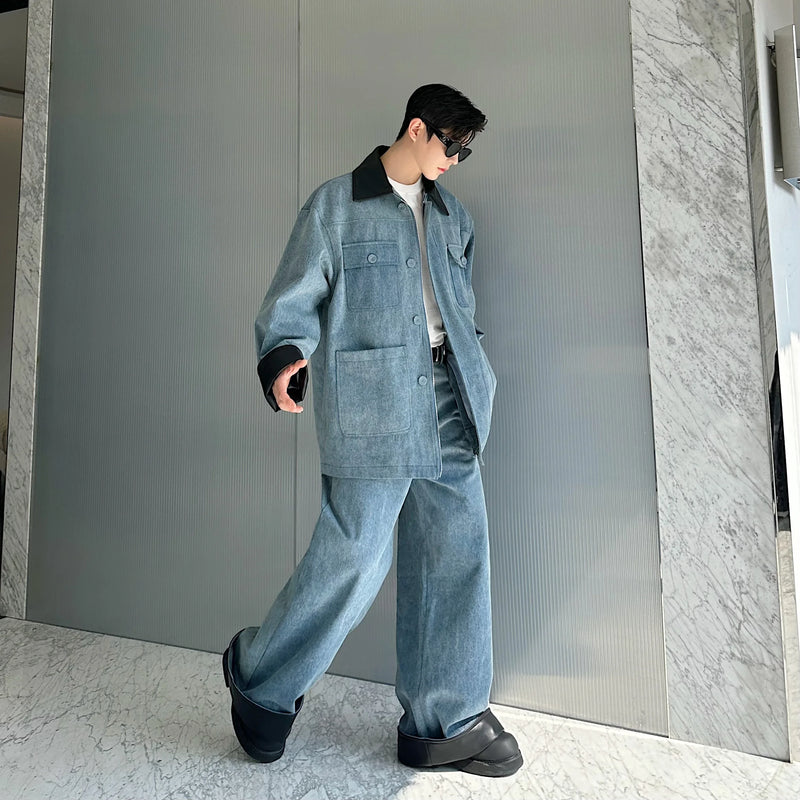 fashion show suits men streetwear washed denim splice loose casual jacket wide leg jeans pants 2 piece sets coat trousers suits unique jeans style 2749