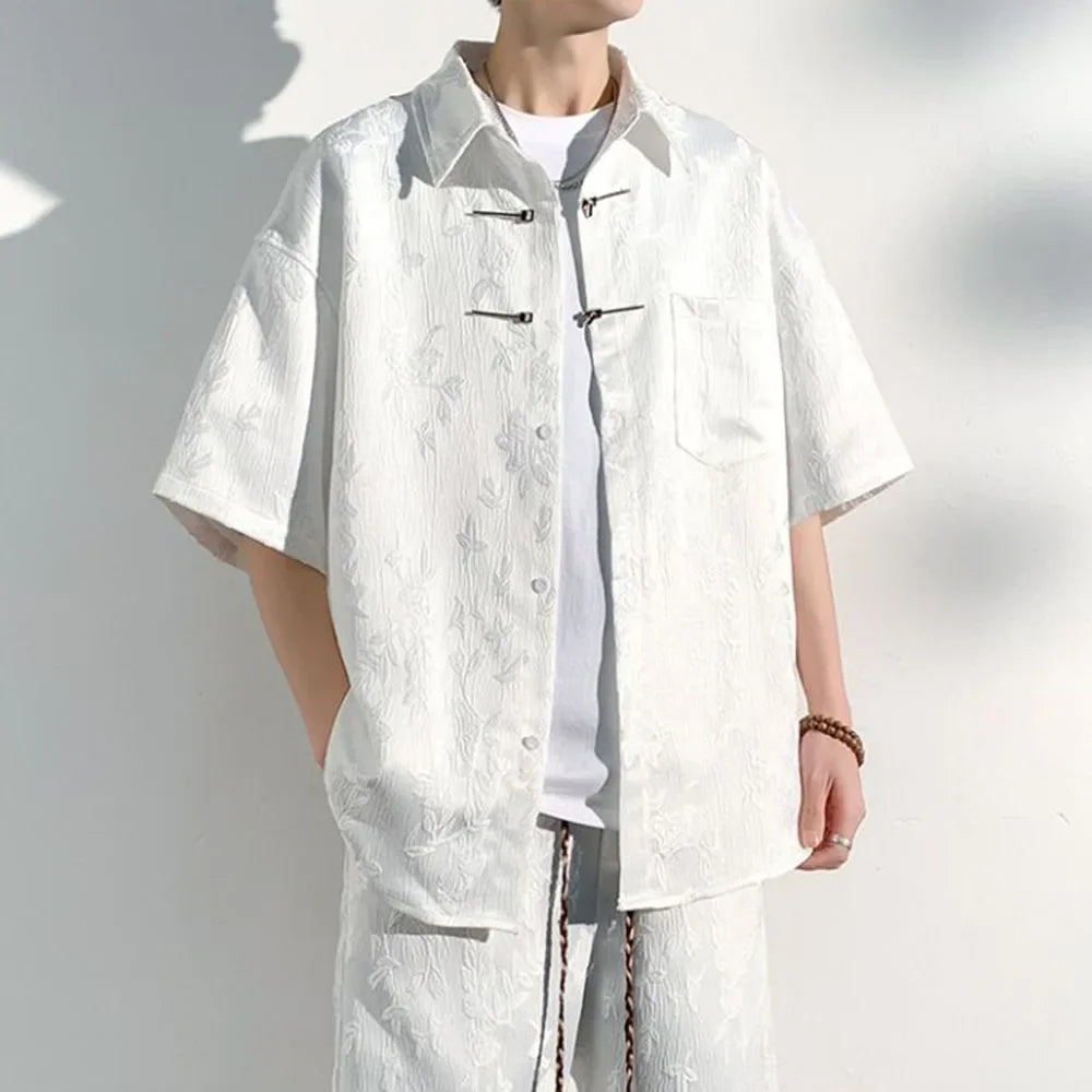 Mens Chinese Loop Buckle Jacquard Design Shirt Daily Casual Personality Versatile Loose Short-sleeve Tops Unisex 2024 Summer