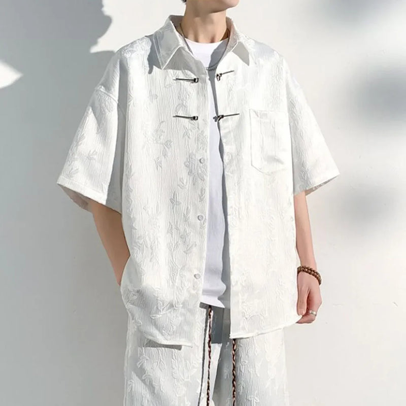 Mens Chinese Loop Buckle Jacquard Design Shirt Daily Casual Personality Versatile Loose Short-sleeve Tops Unisex 2024 Summer