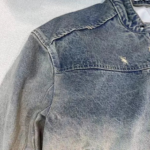 urban fashion featuring collarless wash denim motorcycle jacket design – premium quality jacket for men