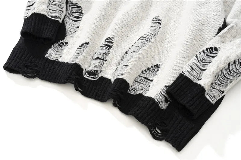 hip hop streetwear knitted sweater sweater 2022 mens harajuku ripped holes new casual v neck tops cotton loose pullover sweaters - urban fashion pullover, anime inspired graphic hoodie, trendy hip hop fashion hoodie