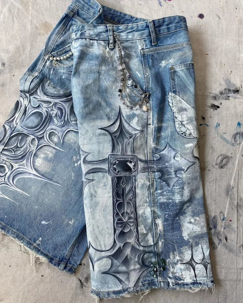 y2k american street retro graffiti anime print oversized denim shorts men shorts high waist fashion loose casual wide leg pants unique jeans style 3497