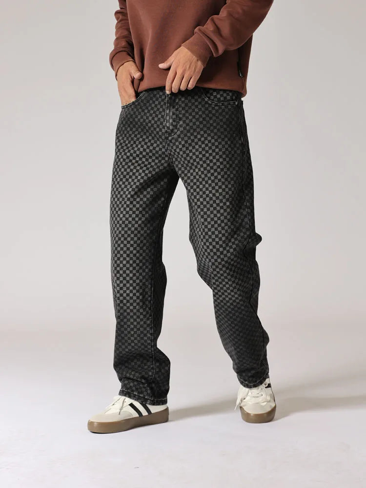 men streetwear fashion hip hop loose casual print black plaid denim pant jeans man vibe straight cowboy baggy jeans trousers unique jeans style 1564