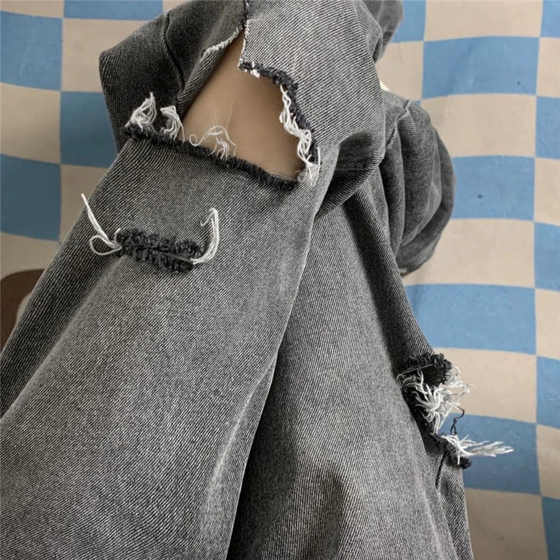 xpqbb vintage streetwear dark gray jeans women y2k high waist ripped denim trousers female 2022 new design loose wide leg pants urban skinny jeans