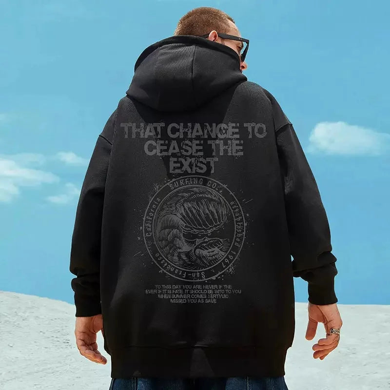 Wave Graphics Letter Print Loose Casual Fleece Hoodies For Men Autumn